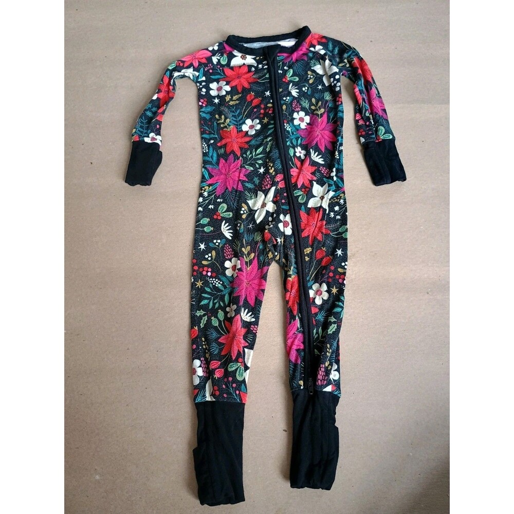 Little Sleepies Poinsettia Christmas Holiday Print Black Red 6-12 Months